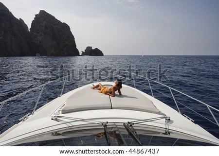 France, Corsica, Girolata Marine National Park, luxury yacht,  Azimut Atlantis 50\', relaxing on board