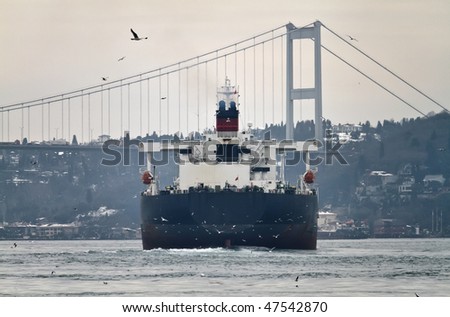 Turkey, Istanbul, Bosphorus Channel, Bosphorus Bridge, an oil cargo ship in the Channel