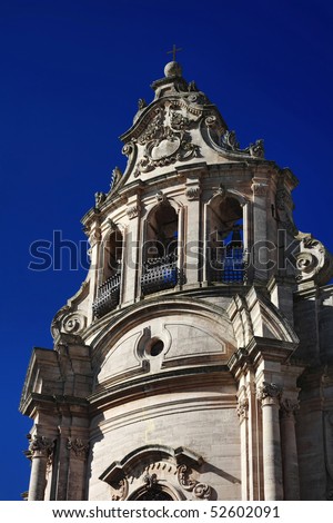 Italy. Sicily, Ragusa Ibla, baroque stone ornaments on the front of a church