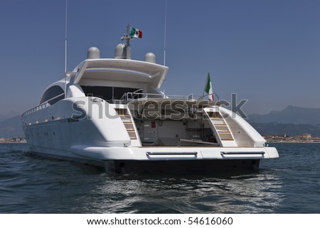 Italy, Tirrenian sea, off the coast of Viareggio, Tuscany, luxury yacht  36 (36 meters), stern and rubberboat garage