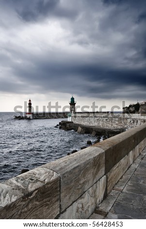 France, Corsica, Bastia, view of the port light and the port entrance