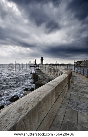 France, Corsica, Bastia, view of the port light and the port entrance