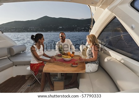 Italy, Liguria, Tirrenian coastline, luxury yacht,  Azimut Atlantis 50\', dinette and life on board while cruising