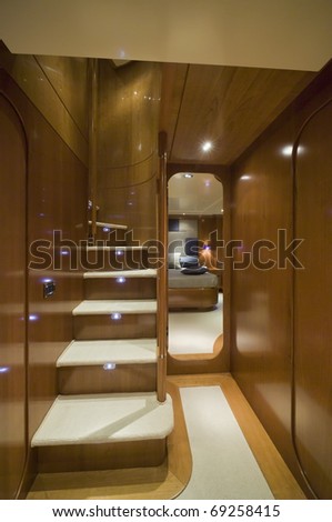Italy, S.Felice Circeo (Rome), luxury yacht Rizzardi Posillipo Technema 65\', staircase to th upper level dinette