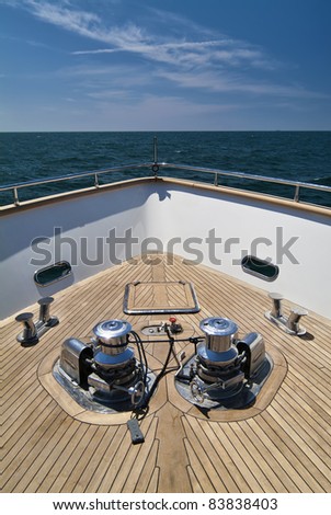 Italy, Tyrrhenian Sea, off the coast of Viareggio (Tuscany), Tecnomar 35 luxury yacht, bow