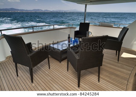 Italy, Tyrrhenian Sea, off the coast of Viareggio (Tuscany), Tecnomar 35 luxury yacht, poop deck
