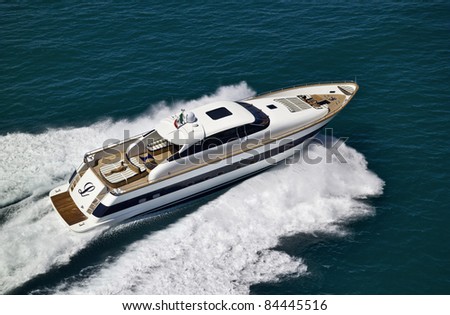 Italy, Tyrrhenian Sea, off the coast of Viareggio (Tuscany), Tecnomar 26 luxury yacht, aerial view