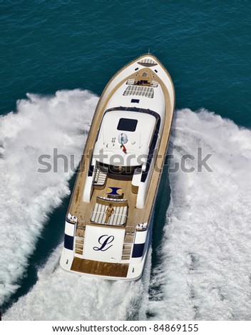 Italy, Tyrrhenian Sea, off the coast of Viareggio (Tuscany), Tecnomar 26 luxury yacht, aerial view