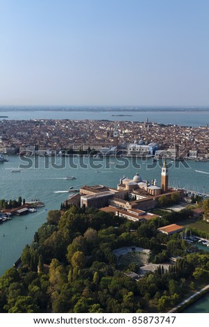 Italy, Venice, aerial view of the city, S. Marco Cathedral and S. Giorgio Maggiore Cathedral on the S. Giorgio Maggiore Island
