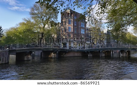 Holland, Amsterdam, view of two of the many canals and two bridges downtown