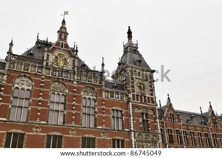 Holland, Amsterdam, view of the Central Railway Station facade