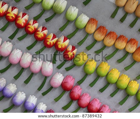 Holland Amsterdam, flowers market, small wooden hand painted tulips for sale