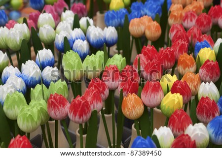 Holland Amsterdam, flowers market, wooden hand painted tulips for sale