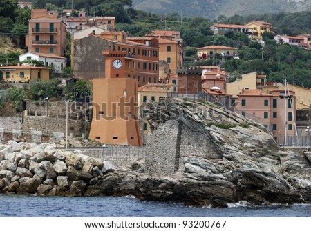 Italy, Tuscany, Elba island, view of Marina di Campo and the port entrance from the sea
