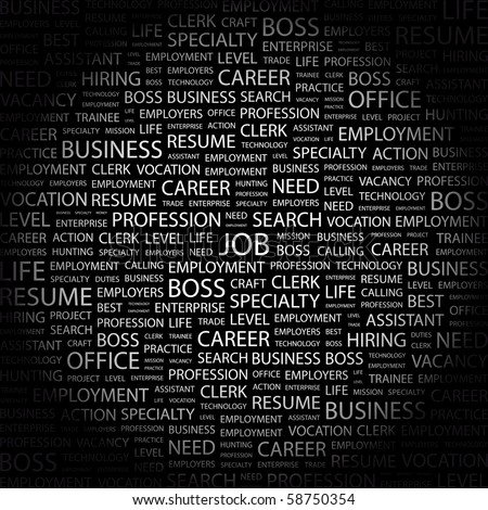 JOB. Word collage on black background. Illustration with different association terms.