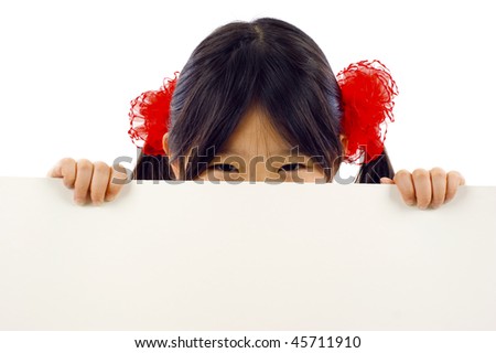 Friendly little Asian girl behind a banner ad - Chinese New Year,  isolated over a white background