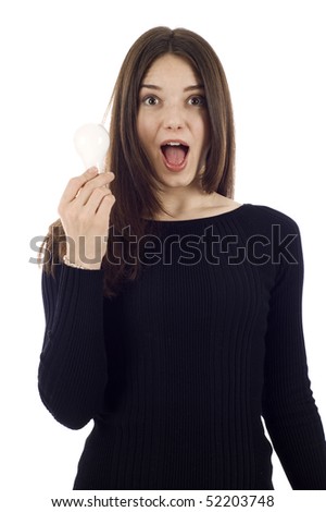 Businesswoman holding a light bulb, she got an idea! Isolated over white background