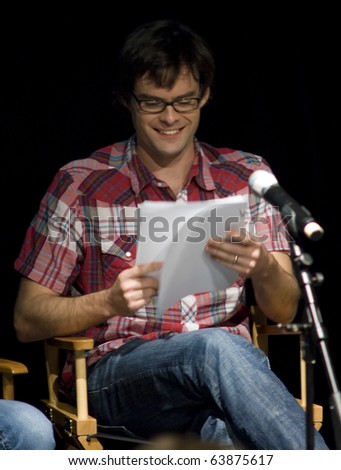 AUSTIN,TX - OCTOBER 24: Smiling actor Bill Hader reads \' The Hand Job \' Script at the Rollins Theatre during the 17th Annual Austin Film Festival on October 24, 2010 in Austin, TX.