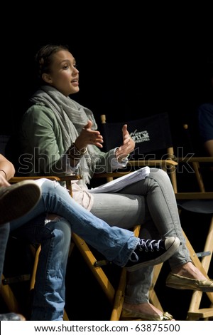 AUSTIN,TX - OCTOBER 24:  Jessica Alba talks to the audience  about ' The Hand Job ' Script at the Rollins Theatre during the 17th Annual Austin Film Festival on October 24, 2010 in Austin, TX.