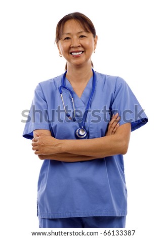 stock photo Portrait of smiling mature Asian doctor with stethoscope 