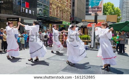 ADELAIDE, AUSTRALIA - NOVEMBER 3: Filipino dancers dressed in the traditional costumes performs at Adelaide Multicultural Festival on November 3, 2013 in Rundle Mall, Adelaide, Australia.