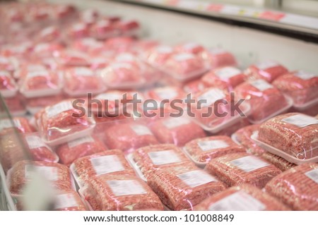 Variety of meat in plastic box in supermarket