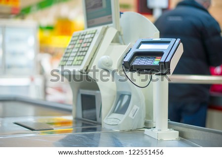 Empty Cash Desk With Terminal In Supermarket
