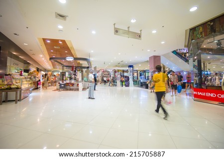 Phuket, 22 May 2014: First floor of Central Festival mall with food court and escalators at Phuket Town, Phuket province, Thailand.