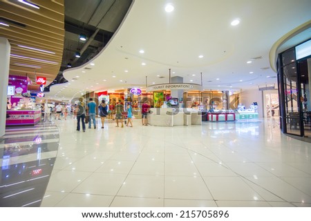 Phuket, 22 May 2014: First floor of Central Festival mall with tourist information stand at Phuket Town, Phuket province, Thailand.