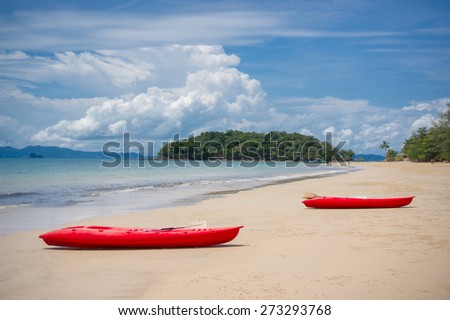 Two red kayaks at the ocean beach during low water