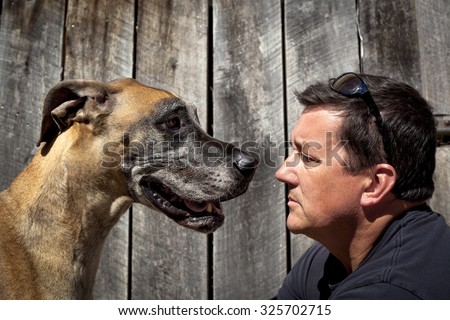 Man and large dog regarding each other nose to nose in front of barn door
