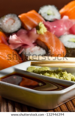 Fresh Sushi rolls on bamboo mat