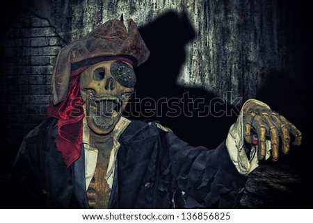 Skeleton in pirate suit indoor