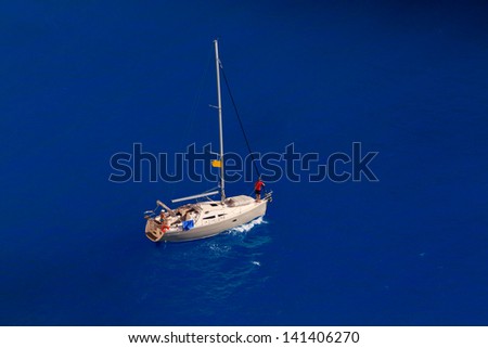 Top view of a sailing ship in the Ionian sea