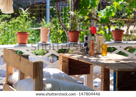 Outdoor restaurant table in Greece.