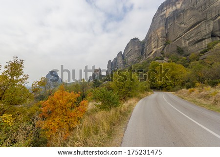 Road in Meteora in Greece with view on the monasteries