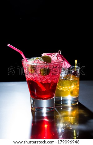 Strawberry cocktail and whiskey liqueur glass at the club