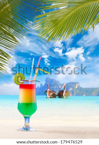 Fresh layered cocktail on the beach in Phi Phi island Thailand