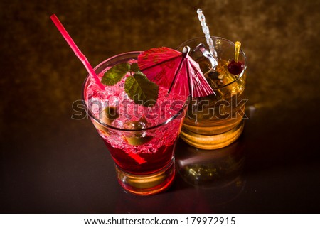 Strawberry cocktail and whiskey liqueur glass at the club