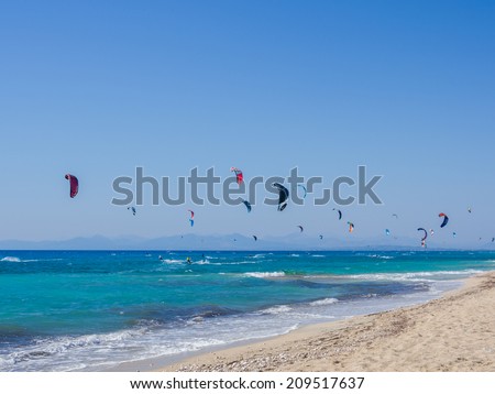 Kite surfing at Agios Ioannis beach on the Ionian island of Lefkas Greece