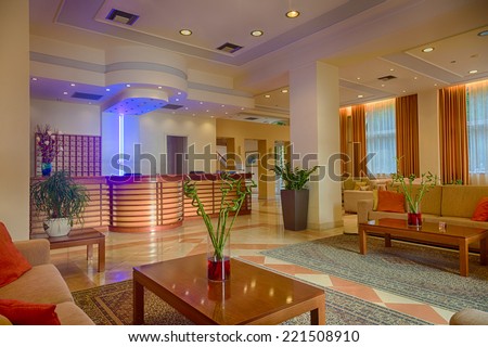 Lounge area of a hotel, club, company lobby. Fragment of the modern lobby of the five stars hotel