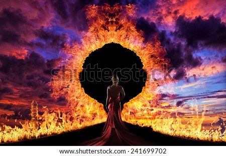 Woman at hell\'s door dramatic background