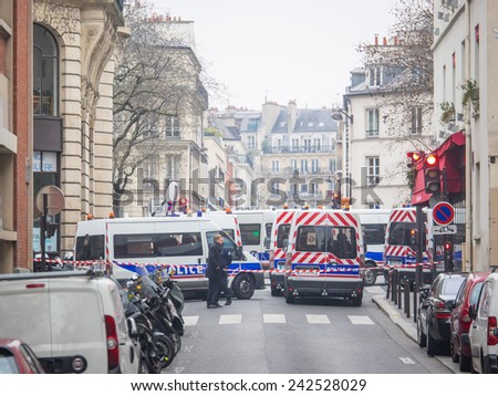 PARIS FRANCE JANUARY 7 2015 Street of Paris after the Terror attack in Paris at the Charlie Hebdo newspaper JANUARY 7 2015 PARIS FRANCE PARIS FRANCE JANUARY 7 2015 Street of Paris after the Terror attack in Paris at the Charlie Hebdo newspaper JANUARY 7 2015 PARIS FRANCE
