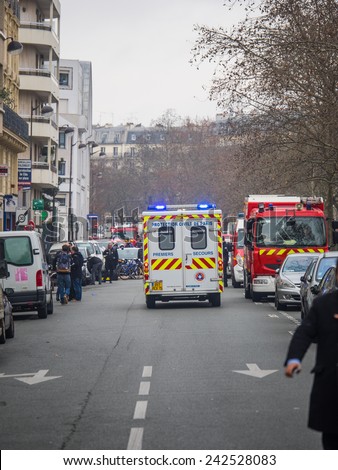 PARIS, FRANCE - JANUARY 7, 2015 Street of Paris after the  Terror attack in Paris at the Charlie Hebdo newspaper JANUARY 7, 2015 PARIS FRANCE