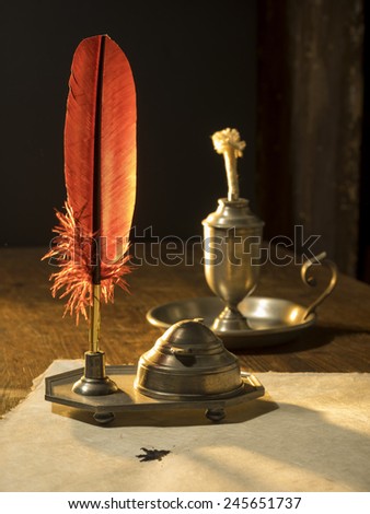 Antique parchment paper sheets lit by candlelight on a vintage colonial wood desk with ink writing feather quill and old candle light in candleholder in master painting style
