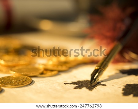 Antique parchment paper sheets lit by candlelight on a vintage colonial wood desk with ink writing feather quill and old candle light in candleholder in master painting style