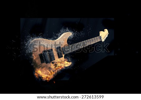Electric Guitar on fire with water splashing Isolated on Black Background