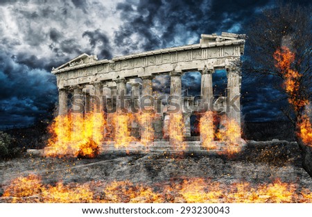 Acropolis on fire  Athens Greece