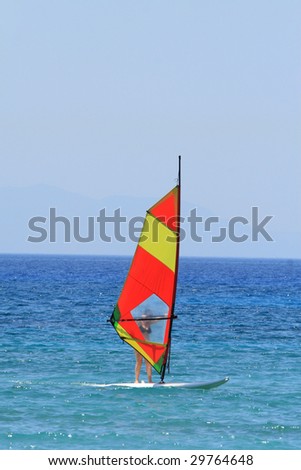 Wind surfing on the beach of Agios Ioannis on the Ionian island of Lefkas Greece