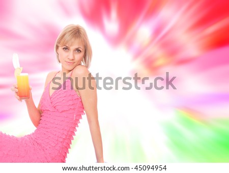 Happy young woman with cocktail over abstract background